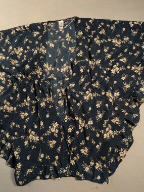 Swimsuit Cover Up Tunic Blue Floral Cinched Waist Draw String Size Medium